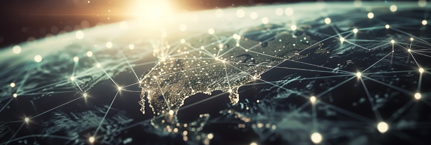 Leuchtende Netzwerk-Verbindungen über dem Globus im Sonnenaufgang — internationale Perspektiven